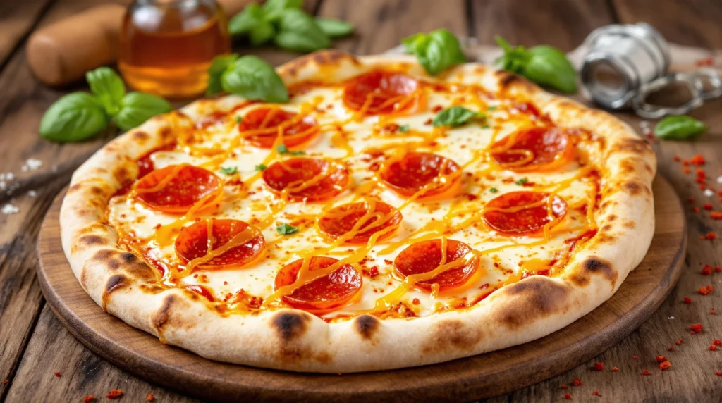 Delicious Pizza with Hot Honey and Pepperoni, showcasing a perfectly cooked crust topped with melted mozzarella cheese, crispy pepperoni slices, and a drizzle of spicy hot honey.