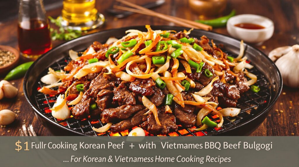 Delicious Bulgogi, a signature Korean BBQ Beef dish, marinated in a sweet and savory sauce, representing the bold flavors of Korean and Vietnamese Home Cooking Recipes.
