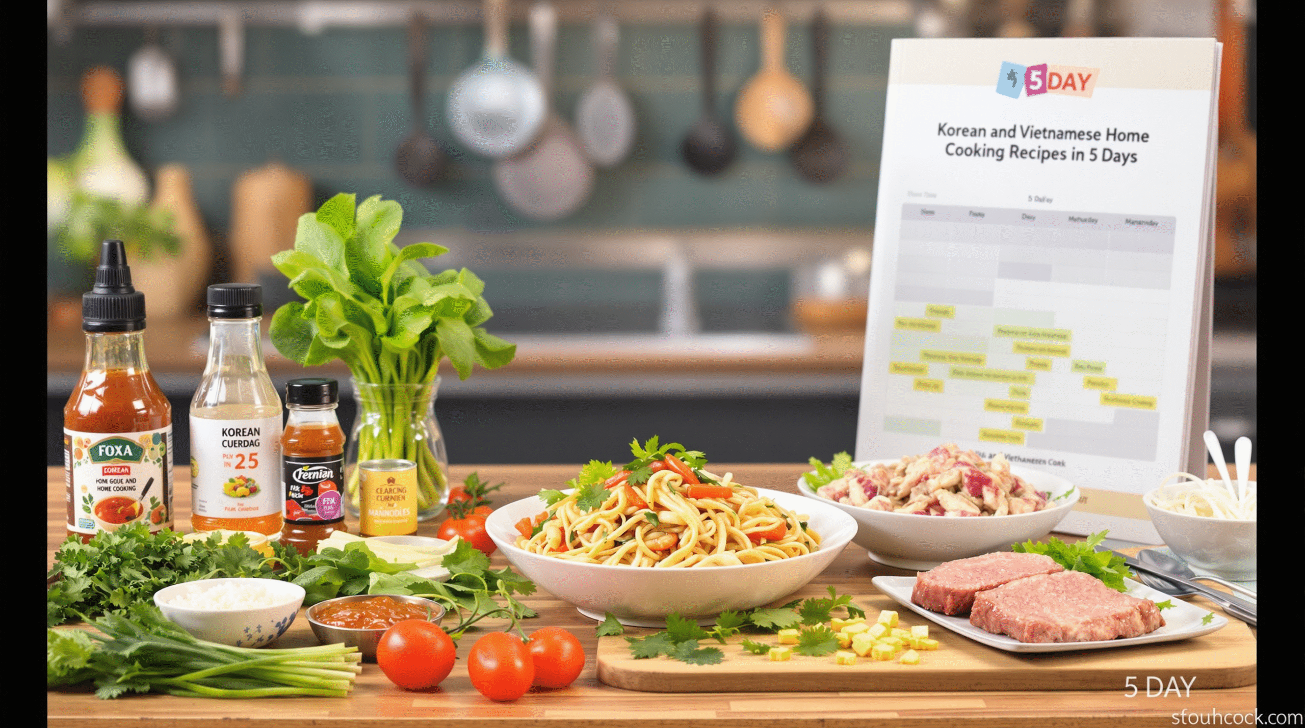 Delicious Korean and Vietnamese Home Cooking Recipes featuring a variety of colorful dishes, including bibimbap, spring rolls, and bulgogi, showcasing the rich flavors and ingredients of Korean and Vietnamese cuisine.