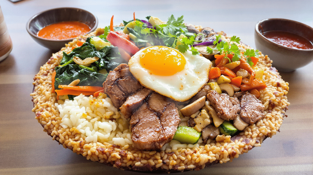 Delicious Bibimbap, a signature Korean dish, served with an assortment of colorful vegetables and a fried egg, representing the diverse flavors of Korean and Vietnamese Home Cooking Recipes.