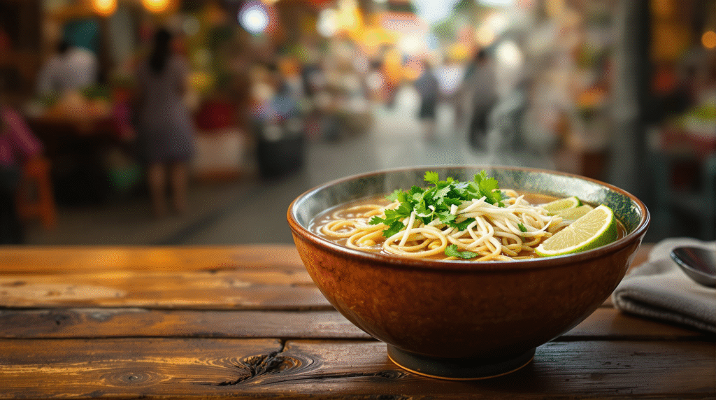 Delicious Quick Pho, a popular Vietnamese noodle soup, served with beef, herbs, and bean sprouts, representing the comforting flavors of Korean and Vietnamese Home Cooking Recipes