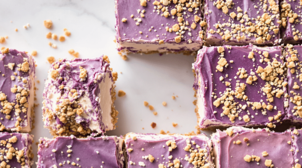 Recipes with Ube: How to Make 3 Amazing Dishes 4 Let's create the alt text, title, caption, and description for an image of no-bake ube cheesecake bars.