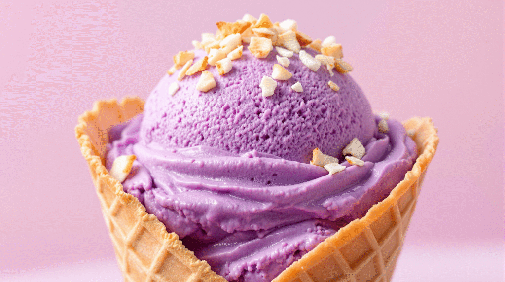 Recipes with Ube: How to Make 3 Amazing Dishes 5 Creamy ube ice cream in a cone, showcasing a unique and delicious dessert recipe with ube, perfect for hot summer days.