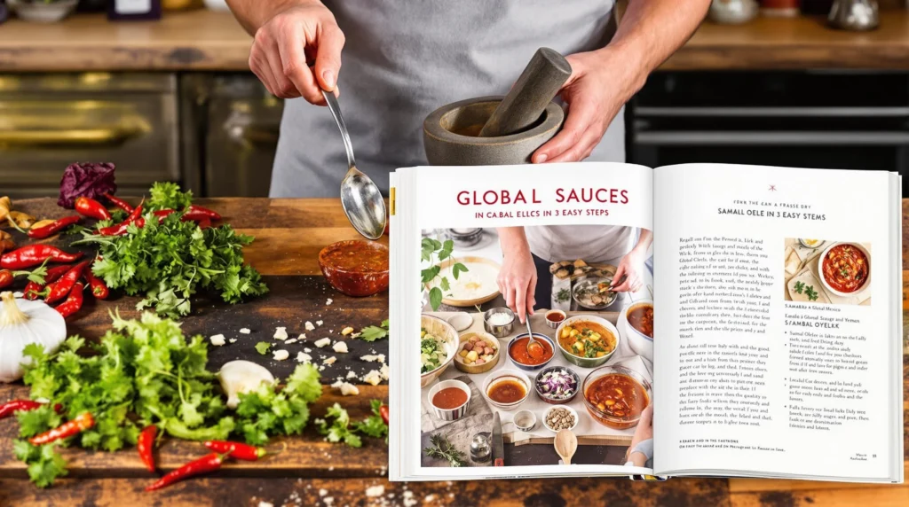 Assorted global sauces including sriracha, salsa, and teriyaki, representing diverse culinary traditions.