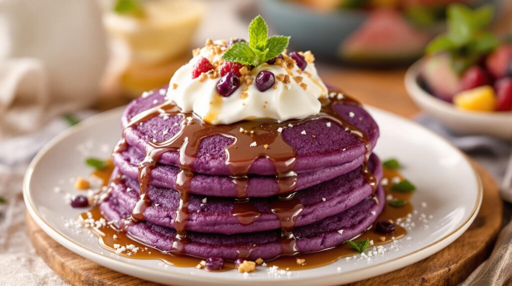 Recipes with Ube: How to Make 3 Amazing Dishes 3 Fluffy ube pancakes stacked high, topped with fresh fruits and syrup, showcasing a delicious breakfast recipe with ube.