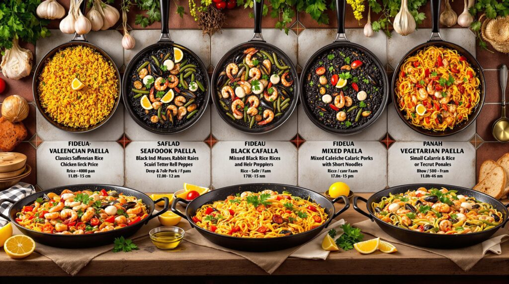 Traditional Fideuá and Paella dishes side by side showing regional Spanish seafood variations