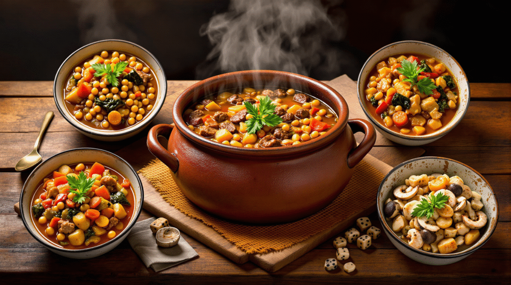 Traditional Spanish Cocido Madrileño served in three courses with chickpeas, vegetables, and various meats on a rustic wooden table