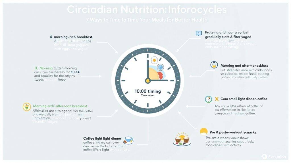 Colorful infographic showing 7 meal timing strategies for Circadian Nutrition, featuring a clock face surrounded by healthy foods and meal schedule recommendations for optimal body rhythm alignment