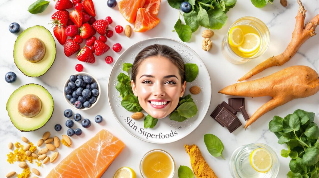 Colorful array of skin superfoods including avocado, berries, nuts, and leafy greens arranged on a wooden table