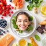 Colorful array of skin superfoods including avocado, berries, nuts, and leafy greens arranged on a wooden table