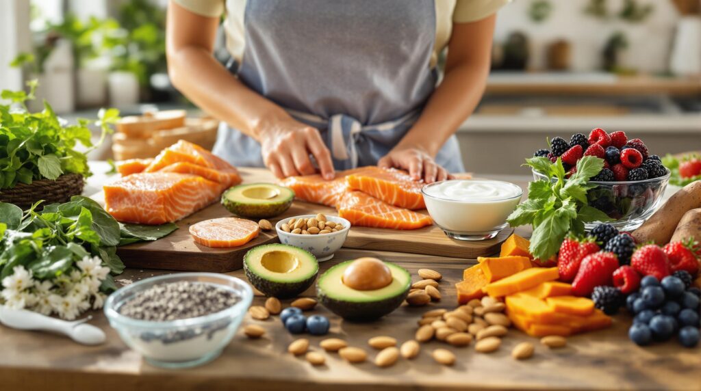 Smiling middle-aged woman preparing a fresh salad with vegetables and superfoods in a bright kitchen, representing the importance of Menopausal Nutrition.