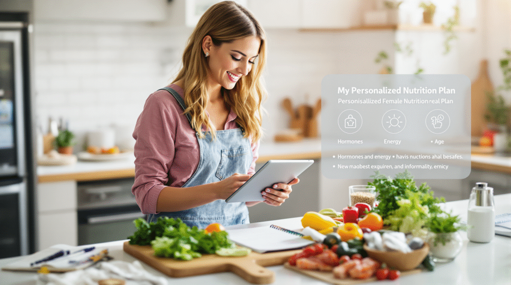 Colorful array of foods for Personalized Female Nutrition including leafy greens, berries, nuts, salmon, and whole grains arranged around a meal planning template designed specifically for women's nutritional needs.