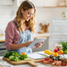 Colorful array of foods for Personalized Female Nutrition including leafy greens, berries, nuts, salmon, and whole grains arranged around a meal planning template designed specifically for women's nutritional needs.