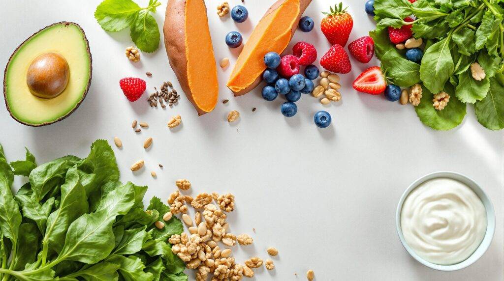 Accompanying this nutritious spread is a glass of green smoothie, likely containing additional Nutritional Foods for Skin health such as spinach, kale, or other vitamin-packed ingredients.