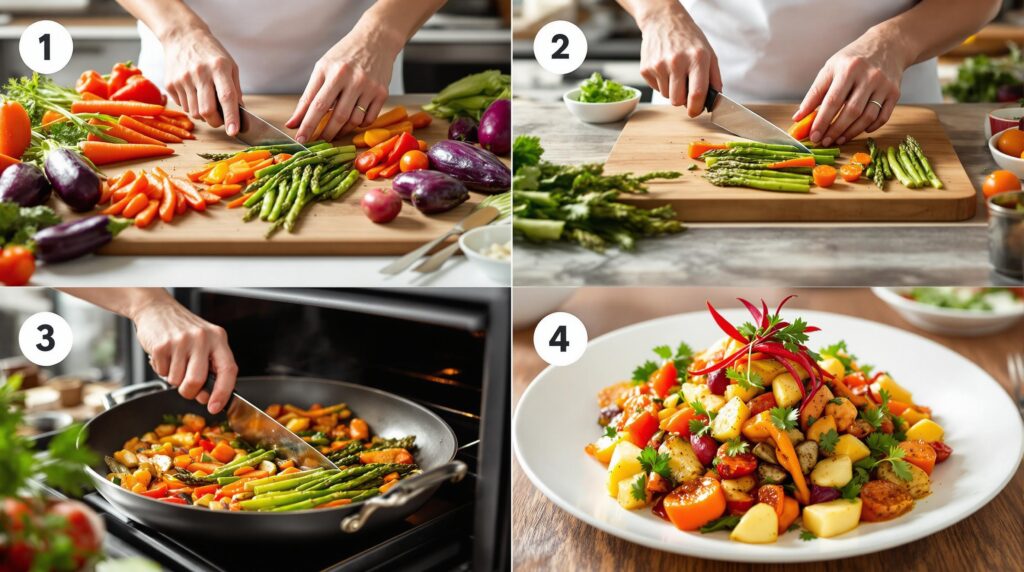 Beautifully arranged High-End Vegetable Cuisine featuring colorful roasted vegetables, microgreens, and edible flowers on a white plate with artistic presentation.