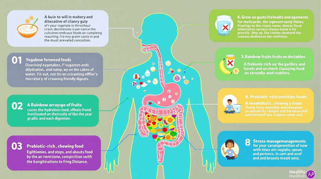 Colorful plate showing gut-healthy foods including yogurt, vegetables, fruits, and fermented foods arranged in a circular pattern with the text 'Gut Health Revolution' above it