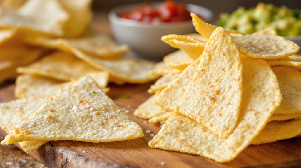 Crispy Snacks: How to Make 5 Irresistible Party Favorites 2 Golden homemade crispy tortilla chips arranged in a rustic bowl with visible salt crystals and seasoning, perfect example of easy homemade crispy snacks