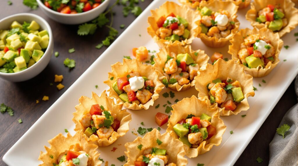 Crispy Snacks: How to Make 5 Irresistible Party Favorites 4 Crispy wonton cups arranged on a serving platter, filled with colorful savory ingredients including avocado, tomato, and herbs, showcasing elegant bite-sized crispy snacks