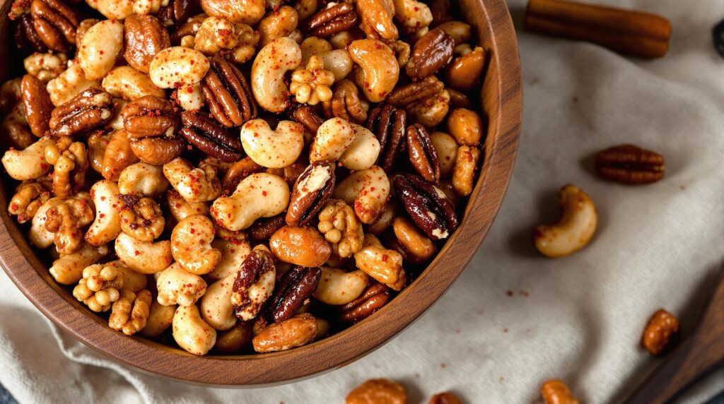Crispy Snacks: How to Make 5 Irresistible Party Favorites 6 Assorted glazed nuts in a rustic bowl showing a mix of almonds, pecans, and walnuts coated with a sweet and spicy seasoning, exemplifying protein-rich crispy snacks with contrasting flavors