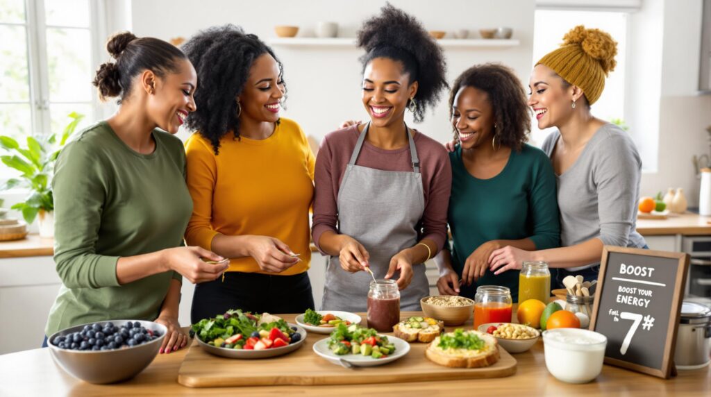 Colorful arrangement of seven energy-boosting foods for women including avocado, quinoa, almonds, Greek yogurt, blueberries, dark leafy greens, and dark chocolate that help Boost Your Energy Daily.