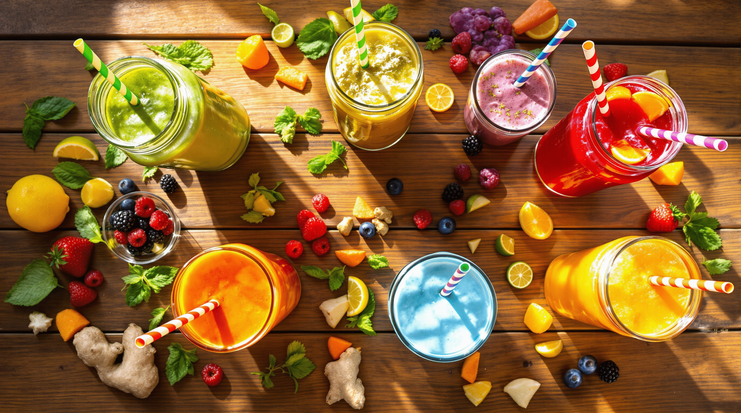 Colorful array of homemade Wellness Drink Recipes including a green smoothie, golden turmeric milk, and berry energizer in glass containers with fresh ingredients surrounding them.