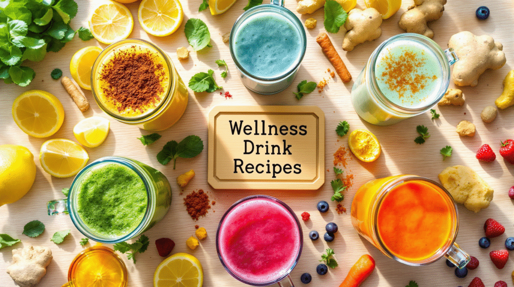 Wellness Drink Recipes: 7 Best Beverages for Natural Energy 2 Wellness Drink Recipes featuring colorful smoothies and elixirs in glass containers with fresh fruits, herbs, and superfoods arranged around them.