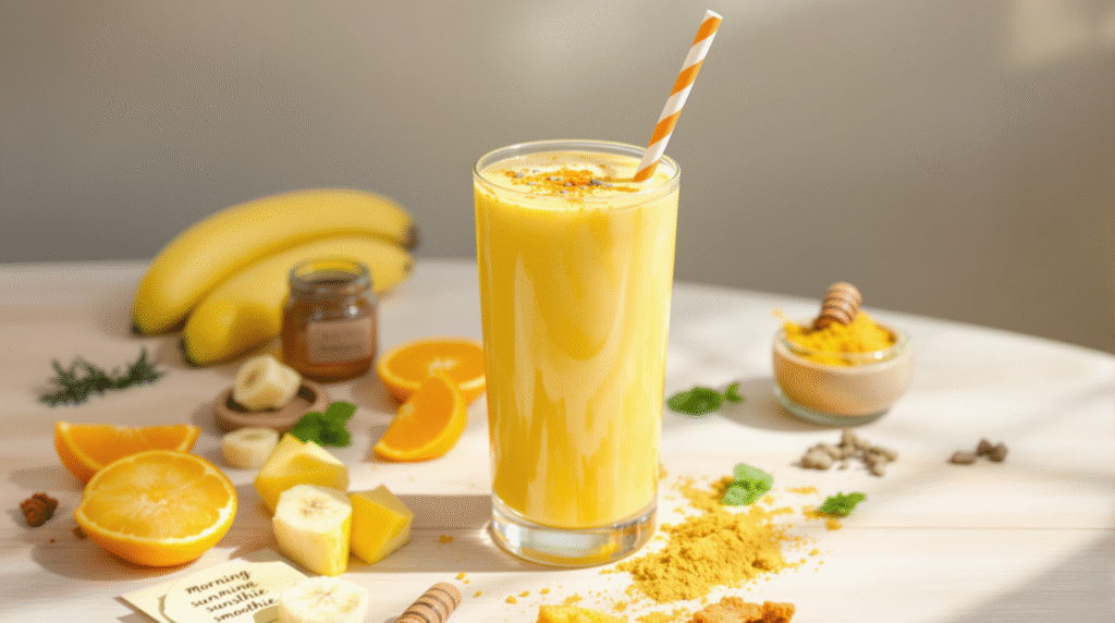 Wellness Drink Recipes: 7 Best Beverages for Natural Energy 3 Morning Sunshine Smoothie in a tall glass with banana, spinach, and almond butter ingredients displayed beside it, part of our Wellness Drink Recipes collection.
