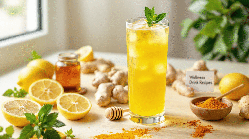 Wellness Drink Recipes: 7 Best Beverages for Natural Energy 4 Bright yellow Lemon Ginger Zing in a clear glass with fresh lemon slices and ginger root, part of our Wellness Drink Recipes collection.