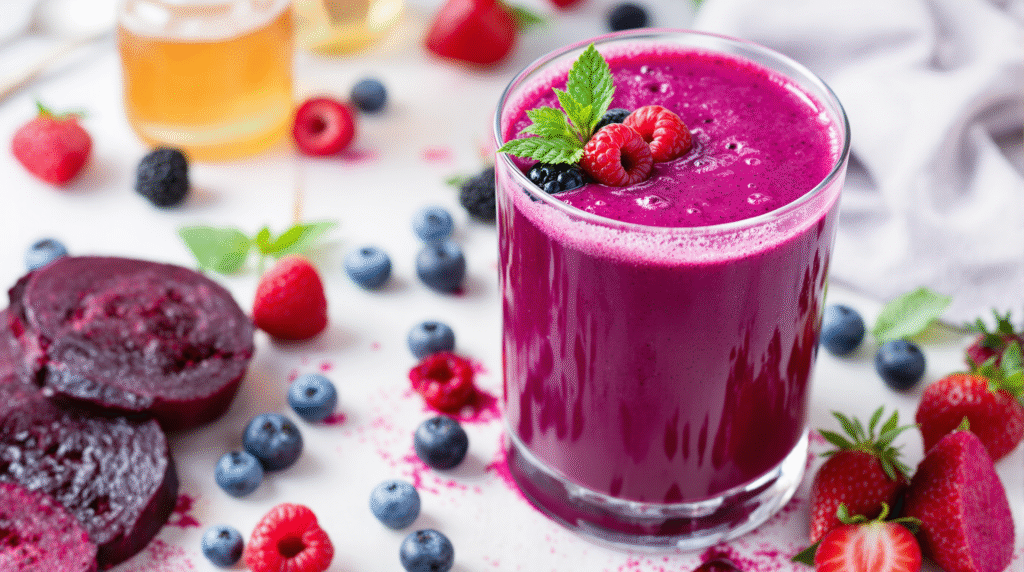 Wellness Drink Recipes: 7 Best Beverages for Natural Energy 6 Vibrant purple Berry Beet Energizer smoothie in a glass jar with fresh berries, beets, and chia seeds displayed around it, from our Wellness Drink Recipes collection.