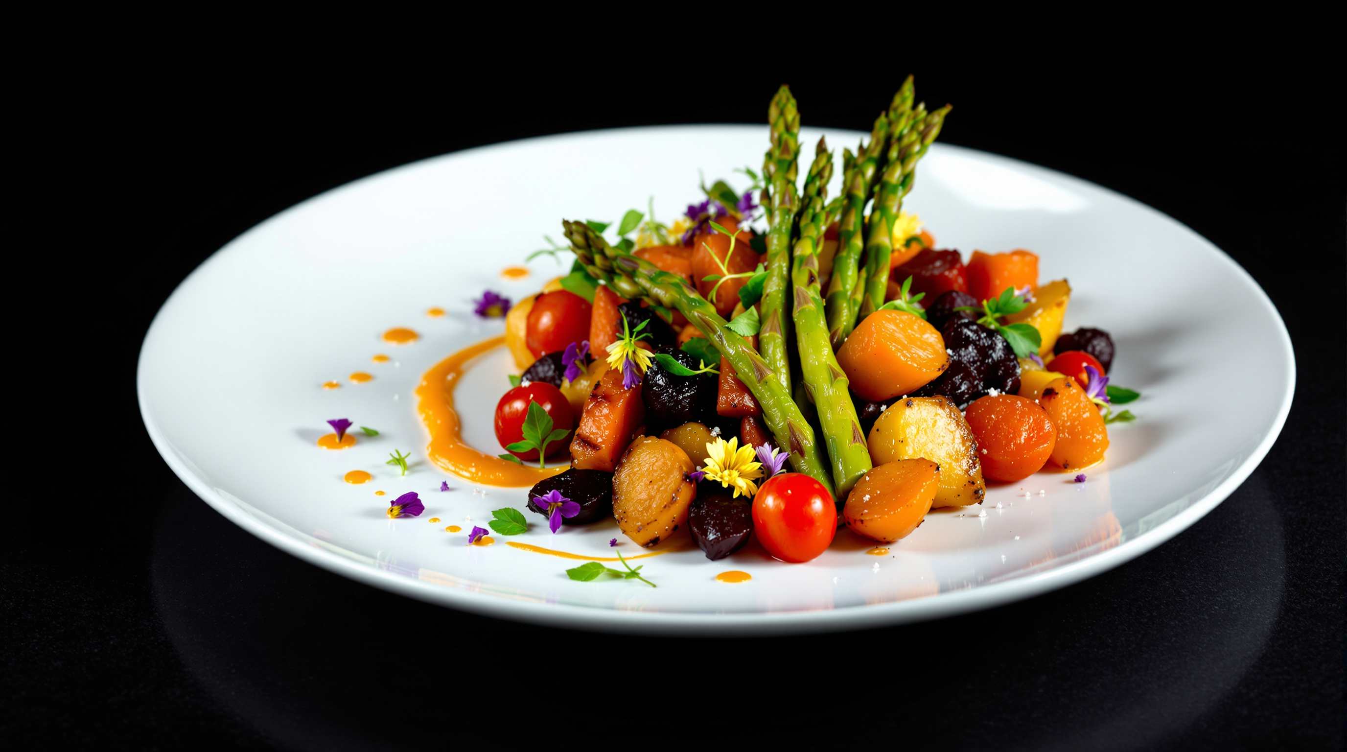 How to Master High-End Vegetable Cuisine in 4 Simple Steps 2 Elegant plate of High-End Vegetable Cuisine featuring colorful roasted vegetables, edible flowers, and artistic plating on a dark background.