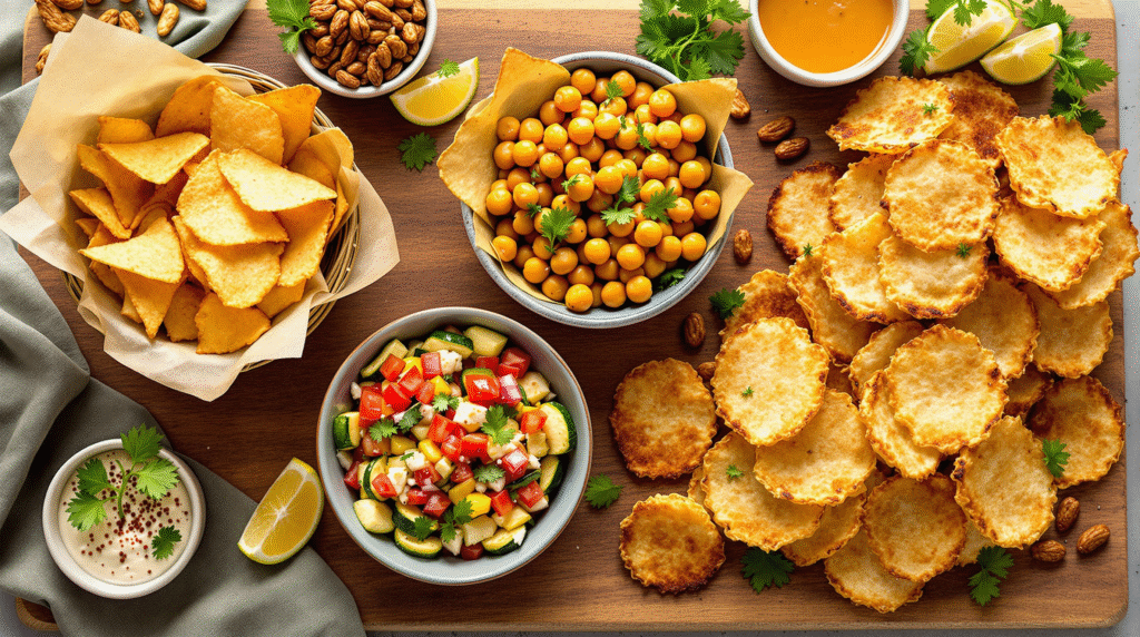 Crispy Snacks: How to Make 5 Irresistible Party Favorites 1 Delicious homemade Crispy Snacks arranged on a rustic wooden board, featuring golden tortilla chips, roasted chickpeas, and other crunchy treats.