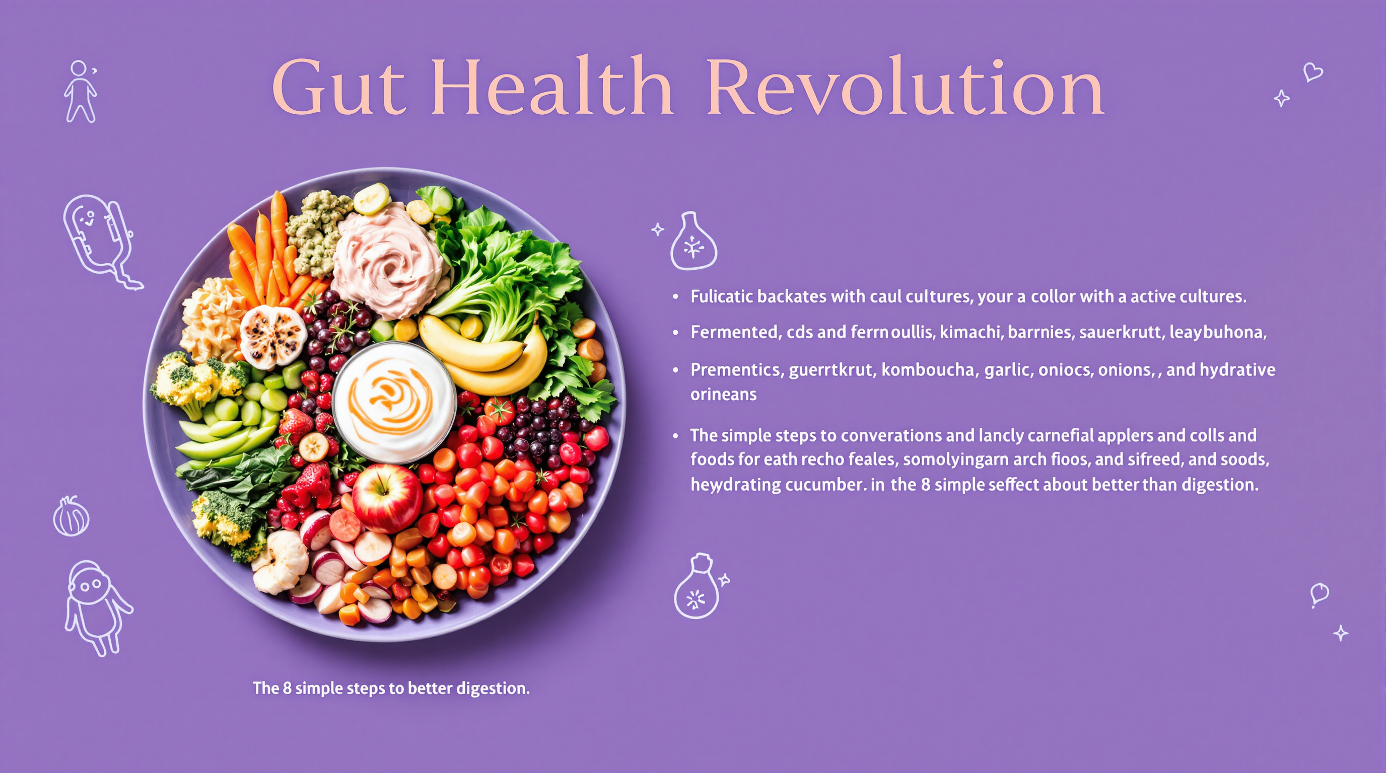 Gut Health Revolution: 8 Simple Steps to Better Digestion 2 Vibrant display of gut-healthy foods including colorful vegetables, fermented foods, and whole grains arranged artfully with 'Gut Health Revolution' text overlay