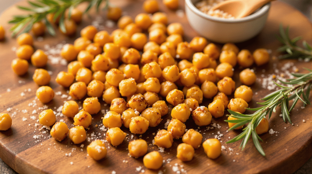 Crispy Snacks: How to Make 5 Irresistible Party Favorites 3 Golden-brown crispy roasted chickpeas in a small wooden bowl, seasoned with spices and herbs, representing healthy protein-packed crispy snacks