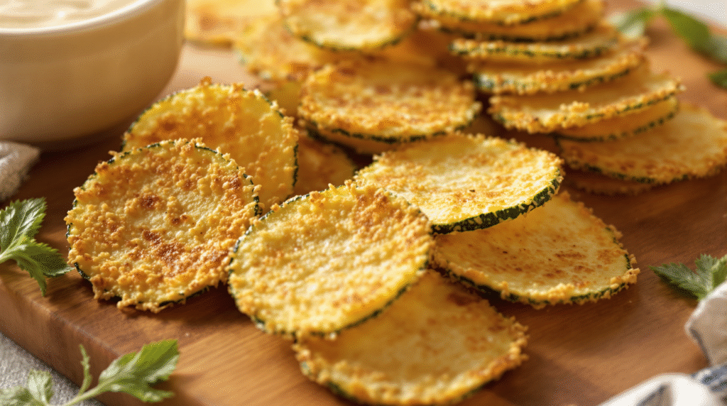 Crispy Snacks: How to Make 5 Irresistible Party Favorites 5 Golden-brown parmesan zucchini crisps arranged on a baking sheet, showing thin slices coated with cheese and herbs that have been baked to perfect crispiness, exemplifying healthy vegetable-based crispy snacks