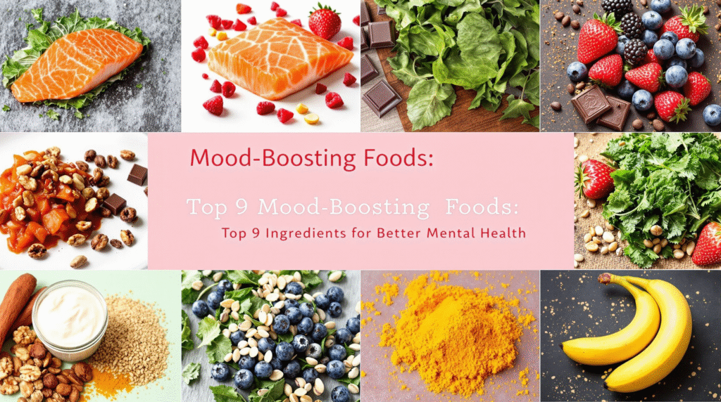 Colorful array of Mood-Boosting Foods including salmon, dark chocolate, yogurt, spinach, walnuts, blueberries, turmeric, oats, and avocado arranged on a wooden board for better mental health.