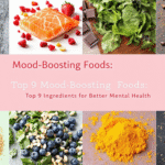 Colorful array of Mood-Boosting Foods including salmon, dark chocolate, yogurt, spinach, walnuts, blueberries, turmeric, oats, and avocado arranged on a wooden board for better mental health.