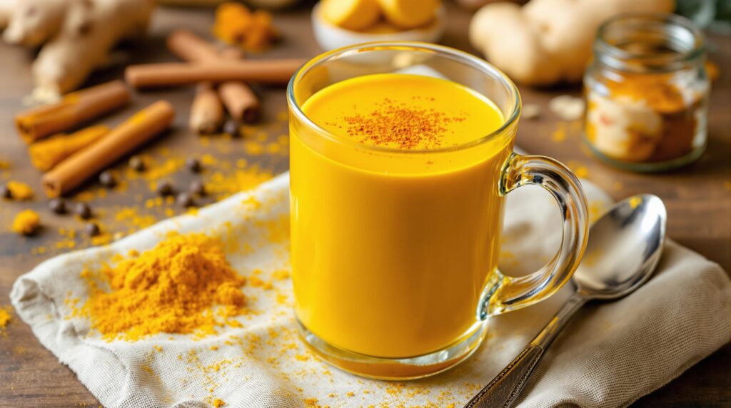 Wellness Drink Recipes: 7 Best Beverages for Natural Energy 7 Warm Turmeric Golden Milk in a white ceramic mug with turmeric, cinnamon sticks, and ginger root arranged around it, from our Wellness Drink Recipes collection.