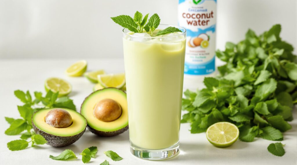 Wellness Drink Recipes: 7 Best Beverages for Natural Energy 8 Creamy green Avocado Mint Refresher in a tall glass with fresh avocado, mint leaves, and lime arranged around it, from our Wellness Drink Recipes collection.