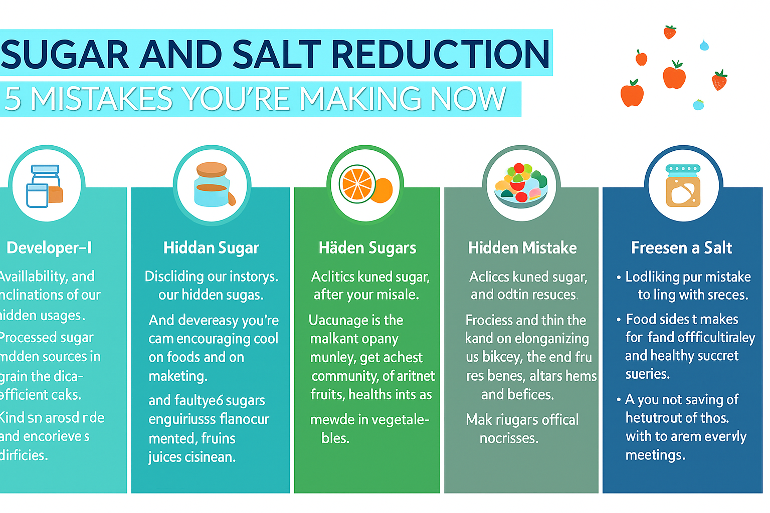 Sugar and Salt Reduction infographic showing 5 common mistakes people make when trying to reduce sugar and salt intake, with professional health icons and nutritional guidance tips