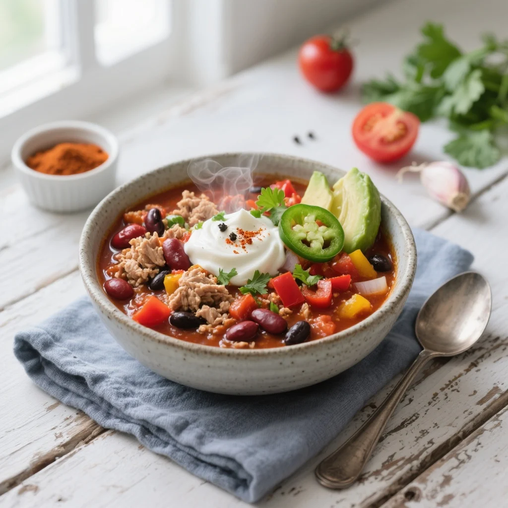Rustic bowl of Healthy Turkey Chili topped with Greek yogurt, cilantro, jalapeño, avocado, and a lime wedge on a wood table