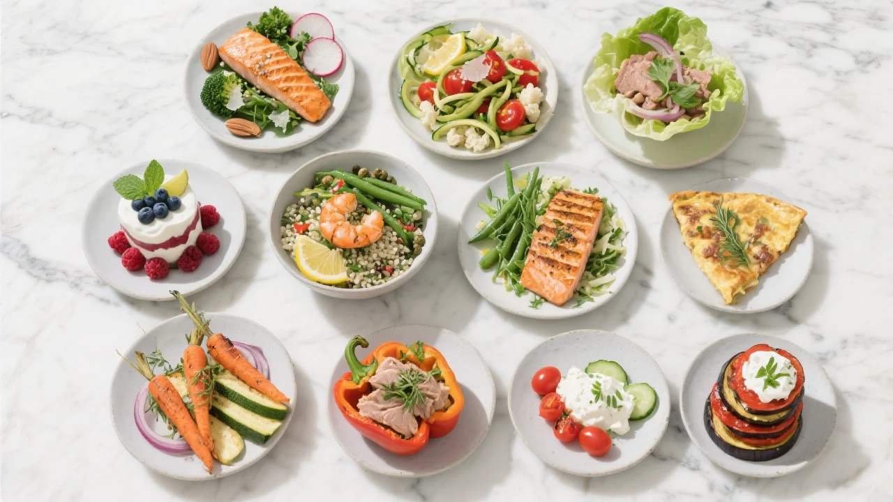 Low-Calorie Diabetic Recipes flat-lay: 14 diabetic-friendly dishes on white marble under soft natural light.