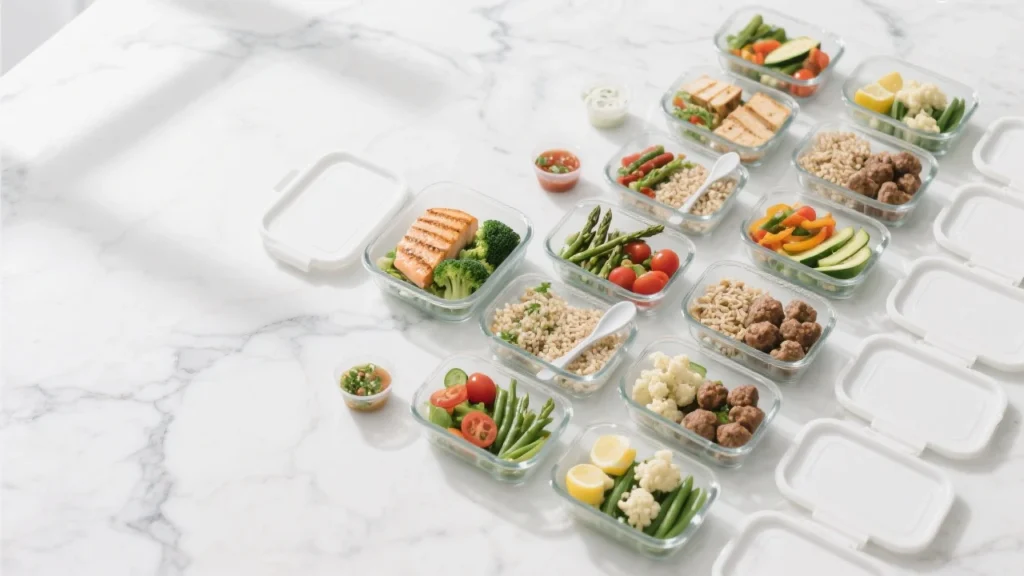Diabetes-Friendly Recipes for Weight Loss meal prep flat‑lay: 15 glass containers with lean protein, non-starchy vegetables, and whole grains on white marble