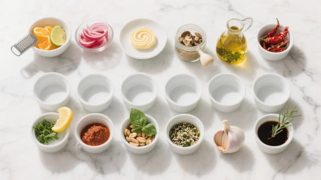 12 Shockingly Easy Flavor boosters That Make Any Meal Pop 4 12 Shockingly Easy Flavor boosters overhead flat-lay with citrus zest, pickled onions, miso-butter, chili crisp, and herb oils on white marble