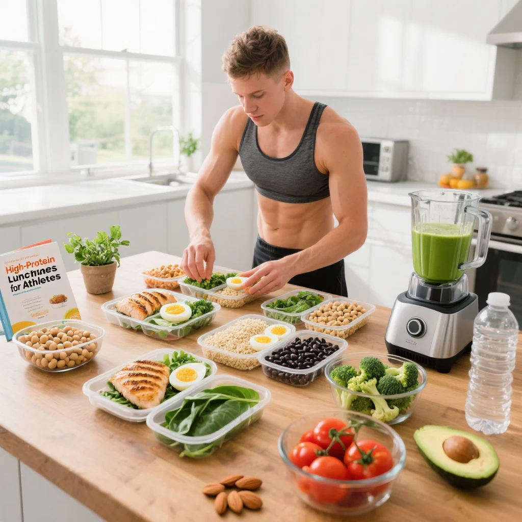 A young athlete in a bright, modern kitchen meticulously prepares high-protein recipes for athletes, assembling lunch containers with grilled chicken, boiled eggs, quinoa, beans, and fresh vegetables, surrounded by healthy ingredients and a recipe book.