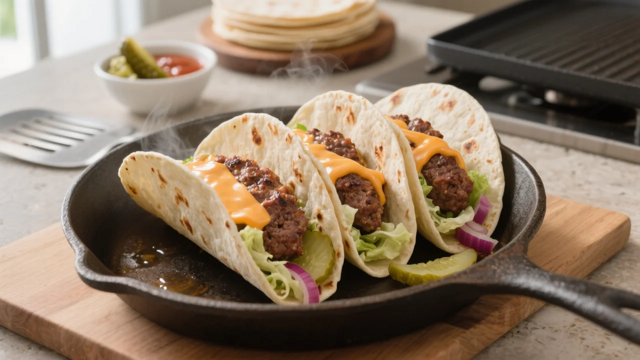 Smash Burger Tacos with crispy edges, melted cheese, lettuce, pickles, onion, and burger sauce on flour tortillas.