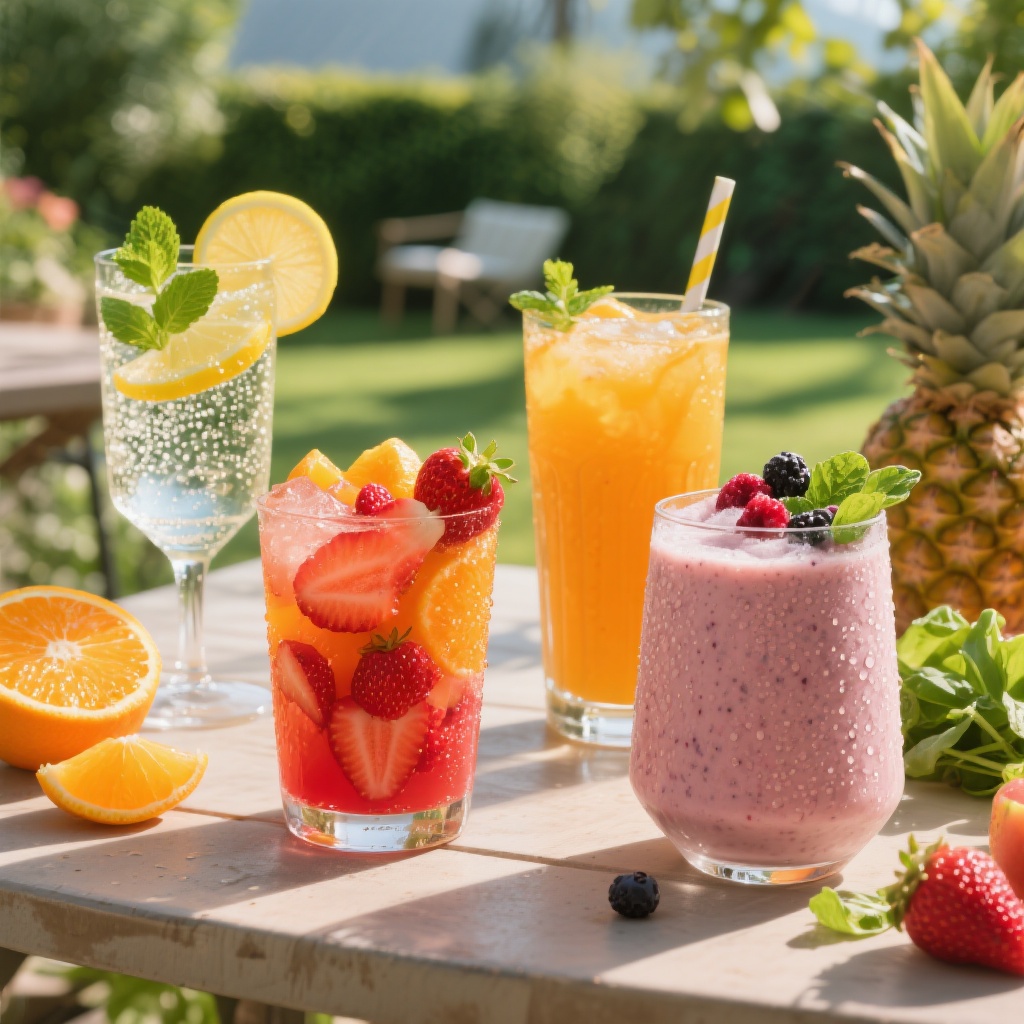 A close-up of colorful Alcohol-Free Drinks in tall glasses, featuring sparkling water with lemon and mint, vibrant fruit juices with strawberries and oranges, and frosty berry smoothies, all set on a sunny outdoor table.