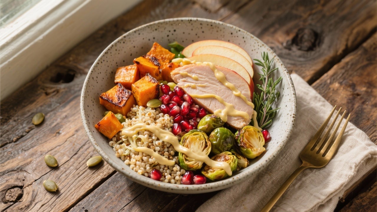 GLP-1-Friendly Fall Bowl with roasted squash, quinoa, Brussels sprouts, lean turkey, apple slices, pomegranate, pumpkin seeds, and a lemony yogurt‑tahini drizzle.