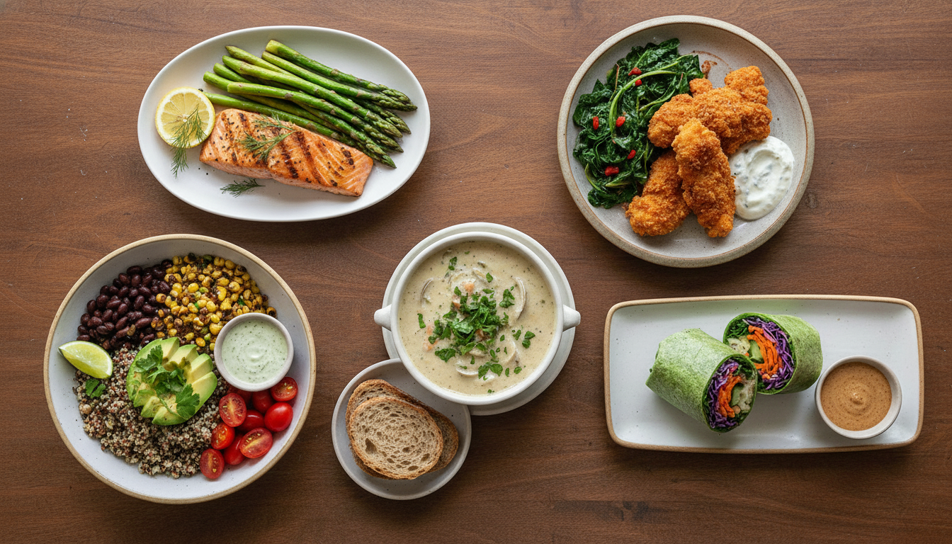Flavors of America: 5 Healthy Recipes U.S. Kitchens Love 1 Top-down flat lay of five healthy American dishes: grilled salmon with asparagus and lemon, Tex-Mex grain bowl, light clam chowder with whole-grain bread, baked “fried” chicken tenders with collard greens and yogurt remoulade, and a West Coast rainbow veggie bowl on a rustic wooden table.