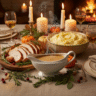 Lump-Free Turkey Gravy in a porcelain gravy boat on a Thanksgiving table, surrounded by roasted turkey slices, mashed potatoes, and fresh herbs under warm candlelight.