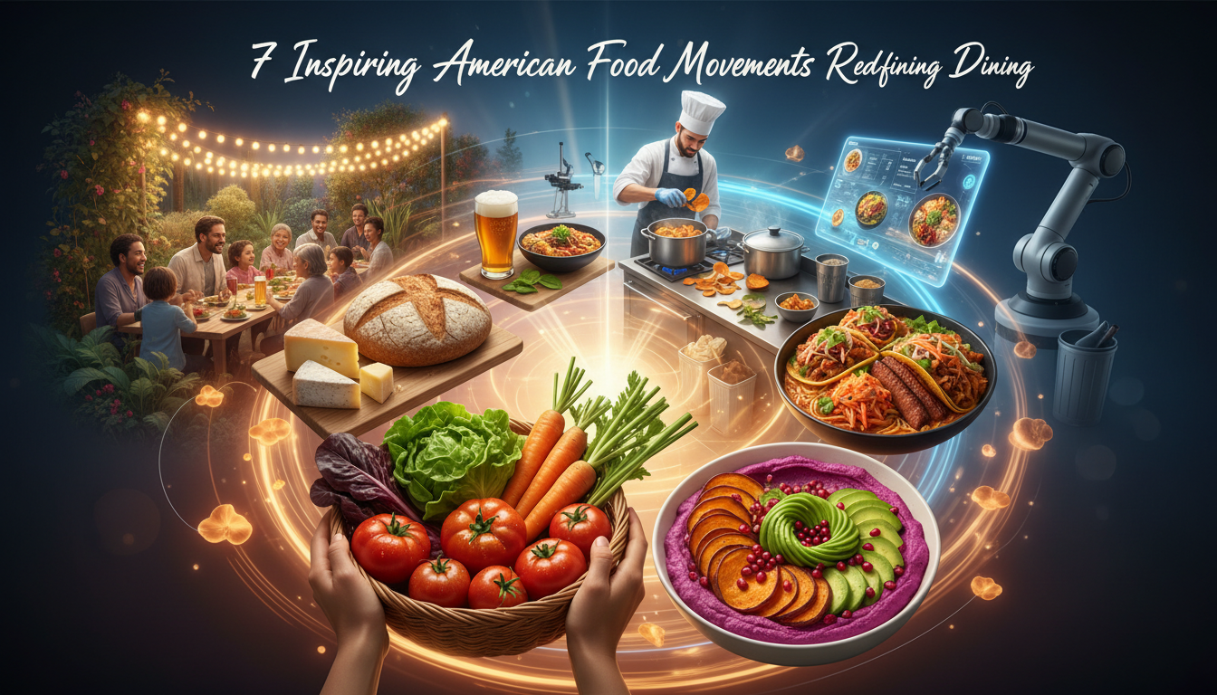 American Food trends illustrated with farm-to-table produce, plant-based dishes, ethnic fusion plates, zero-waste cooking, artisanal products, food tech and a diverse community sharing a meal.